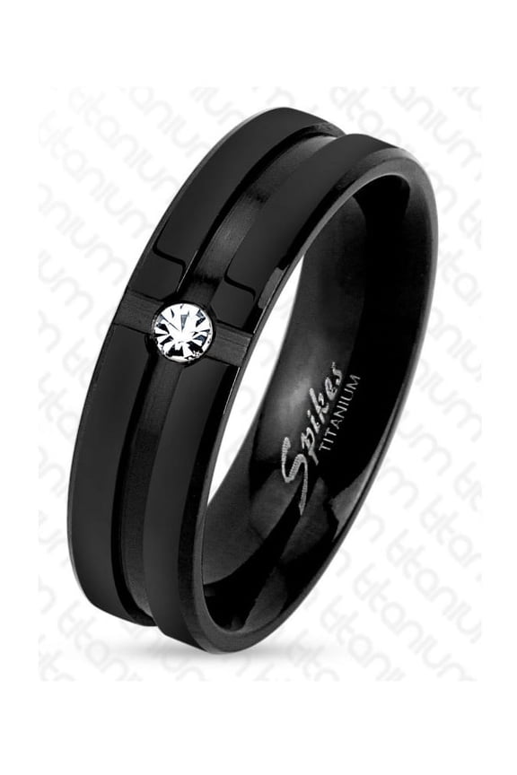 6mm Grooved Step Edge Black IP Solitaire CZ Titanium Men's Ring Wedding Band (SIZE: 11)