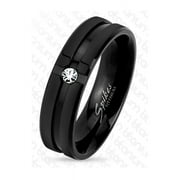 SPIKES 6mm Grooved Step Edge Black IP Solitaire CZ Titanium Men's Ring Wedding Band (SIZE: 12)