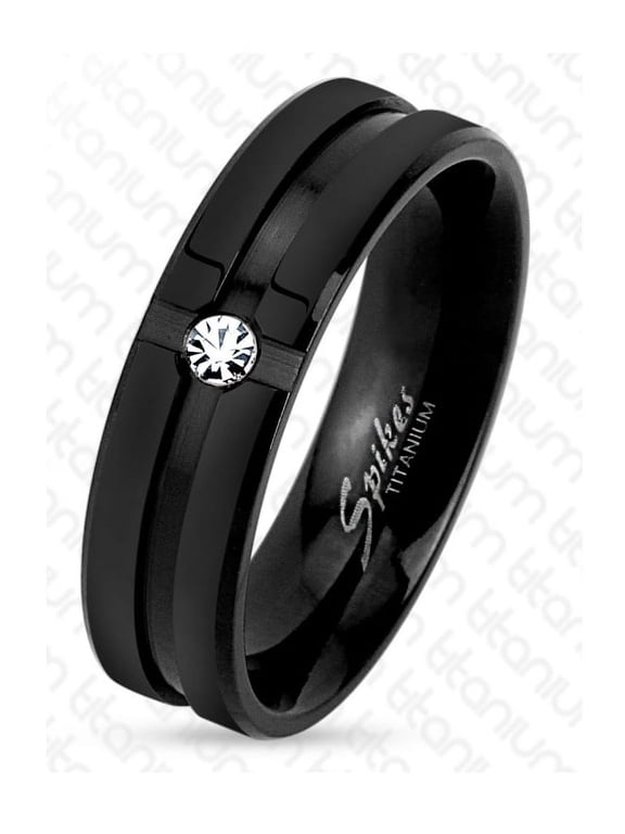 6mm Grooved Step Edge Black IP Solitaire CZ Titanium Men's Ring Wedding Band (SIZE: 9)