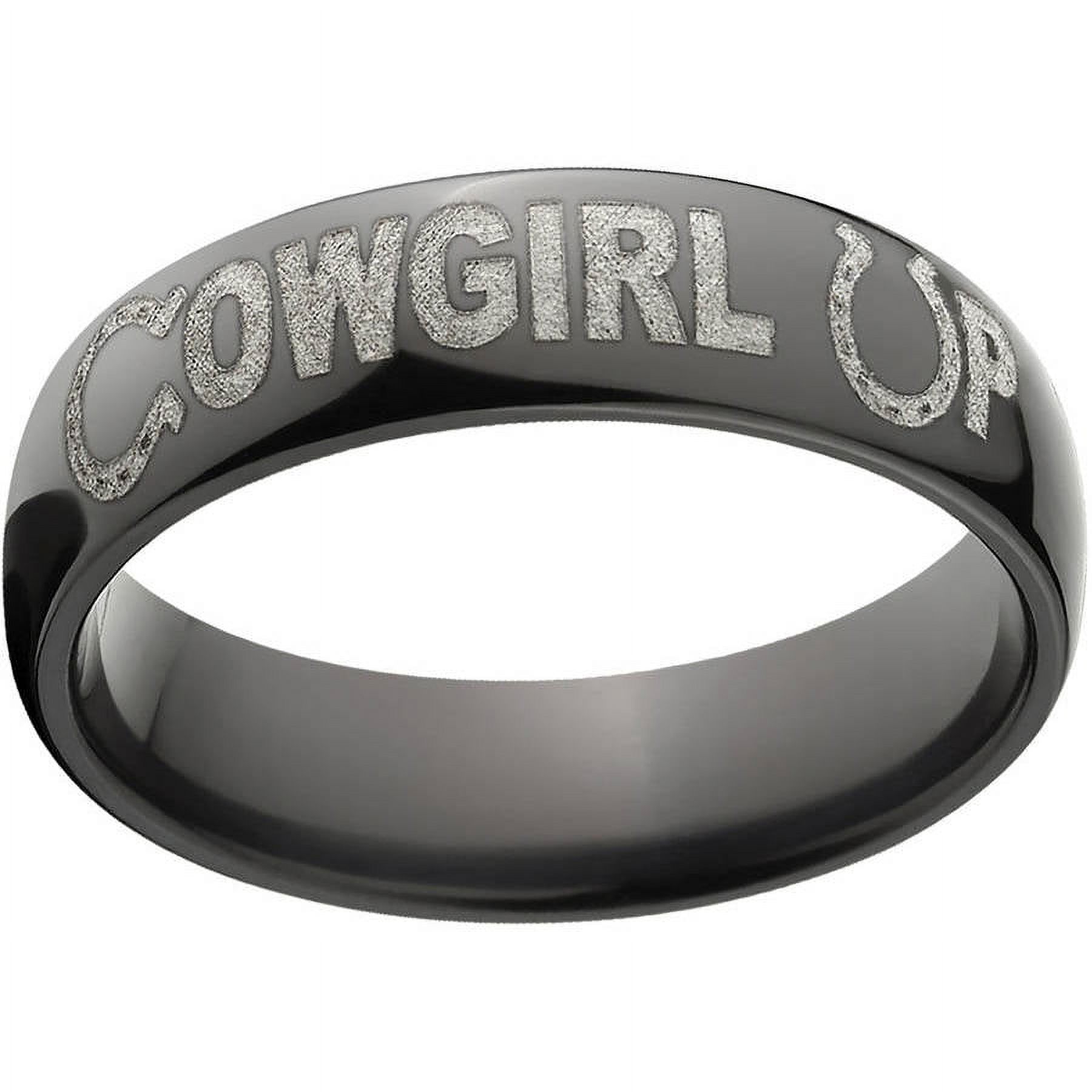 6mm Half-Round Black Zirconium Ring with "Cowgirl Up" Laser Design