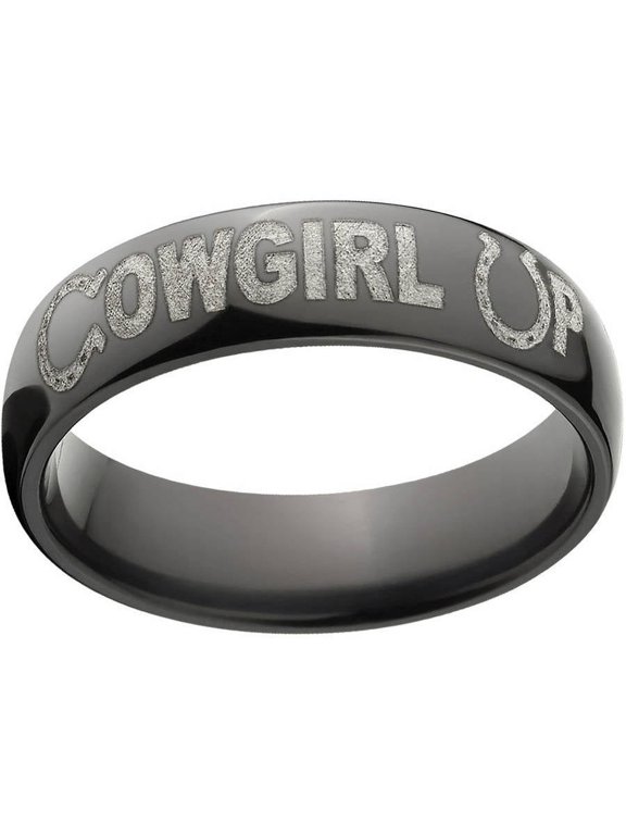 6mm Half-Round Black Zirconium Ring with "Cowgirl Up" Laser Design