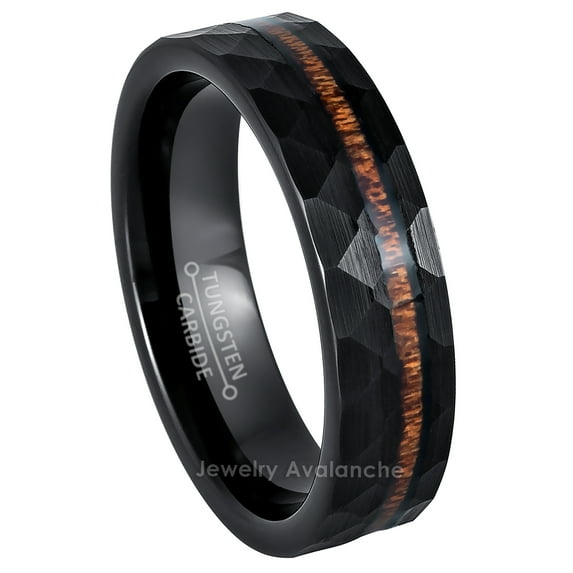 6mm Hammered Faceted Black IP with Hawaiian Koa Wood Inlay Tungsten Carbide Wedding Band Engagement Ring Comfort Fit - #961PLs11