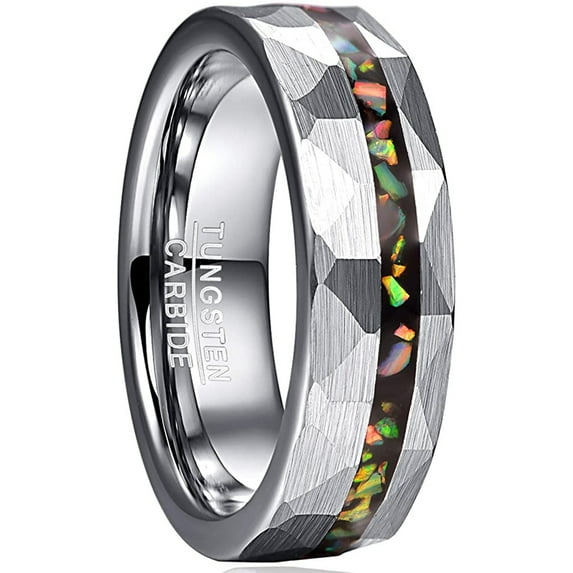 6mm Hammered Tungsten Ring for Men Created Fire Opal Inlay Wedding Band Brushed Finish