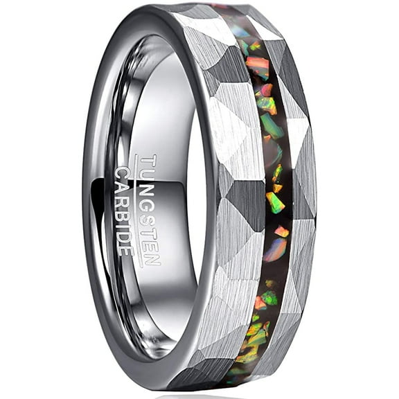 6mm Hammered Tungsten Ring for Men Created Fire Opal Inlay Wedding Band Brushed Finish