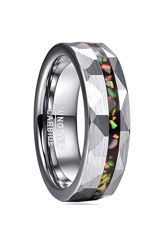 6mm Hammered Tungsten Ring for Men Created Fire Opal Inlay Wedding Band Brushed Finish