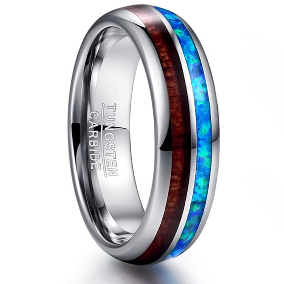6mm Hawaiian Koa Wood Tungsten Rings for Unisex Blue Created-Opal Wedding Band Size 6-12