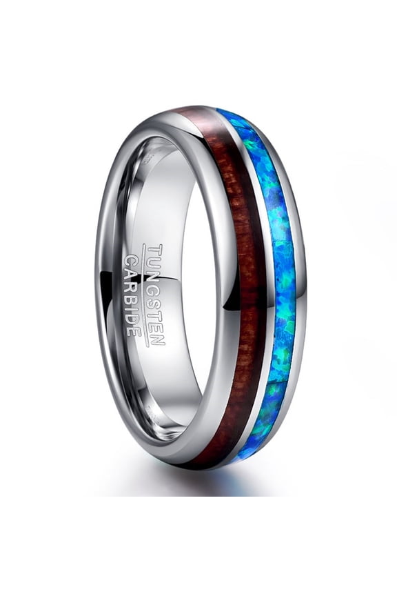 6mm Hawaiian Koa Wood Tungsten Rings for Unisex Blue Created-Opal Wedding Band Size 6-12