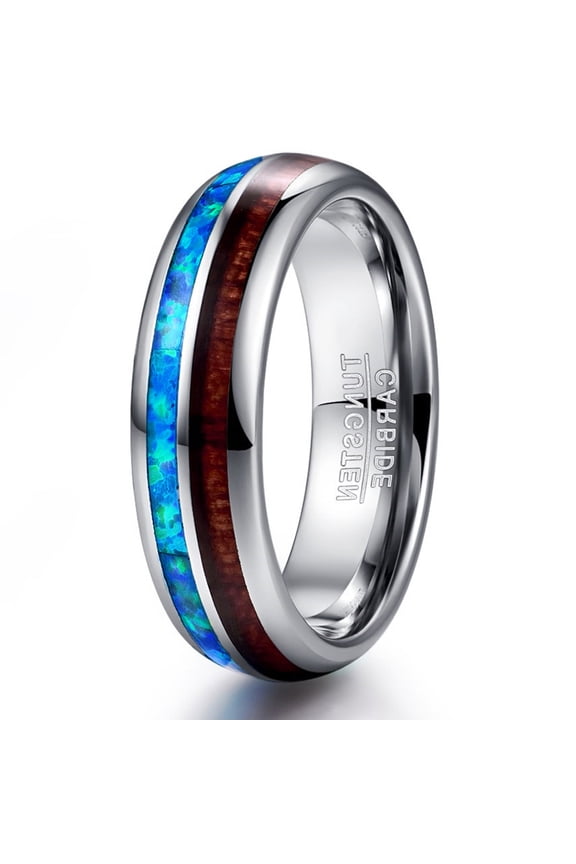 6mm Hawaiian Koa Wood Tungsten Rings for Unisex Blue Created-Opal Wedding Band Size 6-14