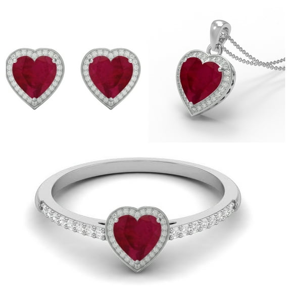 6mm Heart Shape Ruby 925 Sterling Silver Solitaire Women Valentine Ring Earring Necklace Set Jewelry