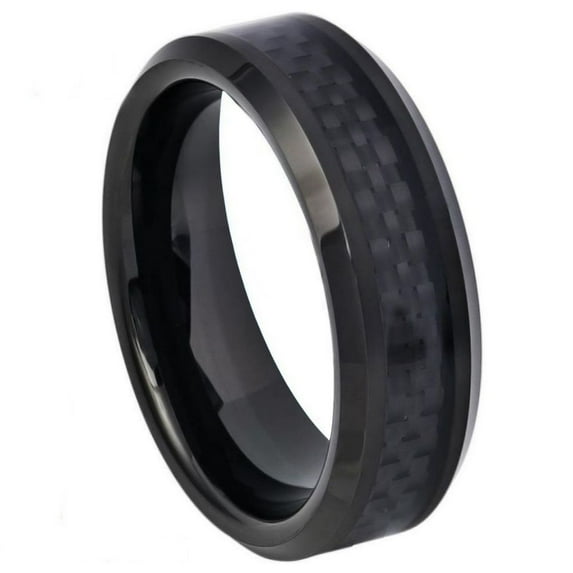 6mm High Polished Black IP Plated with Black Carbon Fiber Inlay Beveled Edge Wedding Band Ring For Men Or Ladies