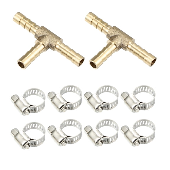 6mm Hose Barb Copper T Shape 3 Way Tee Connector Adapter for Fuel Air Water Gas Oil Pipe with 6-22mm Clamps 1 Set