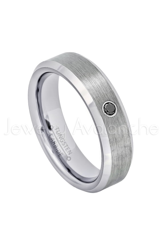 6mm Ladies Beveled Tungsten Ring - 0.07ct Solitaire Black Diamond Ring - Personalized Tungsten Wedding Ring - Custom Made April Birthstone Ring TN038BS