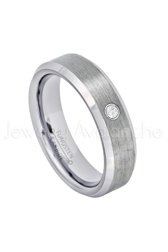 6mm Ladies Beveled Tungsten Ring - 0.07ct Solitaire Diamond Ring - Personalized Tungsten Wedding Ring - Custom Made April Birthstone Ring TN038BS