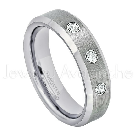 6mm Ladies Beveled Tungsten Ring - 0.21ctw Diamond 3-stone Band - Personalized Tungsten Wedding Ring - Custom Made April Birthstone Ring TN038BS