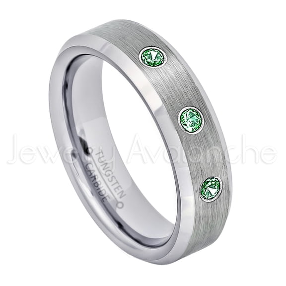 6mm Ladies Beveled Tungsten Ring - 0.21ctw Emerald 3-stone Band - Personalized Tungsten Wedding Ring - Custom Made May Birthstone Ring TN038BS