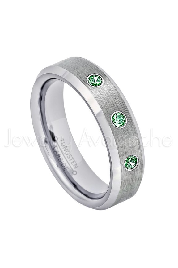 6mm Ladies Beveled Tungsten Ring - 0.21ctw Emerald 3-stone Band - Personalized Tungsten Wedding Ring - Custom Made May Birthstone Ring TN038BS