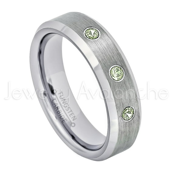 6mm Ladies Beveled Tungsten Ring - 0.21ctw Peridot 3-stone Band - Personalized Tungsten Wedding Ring - Custom Made August Birthstone Ring TN038BS