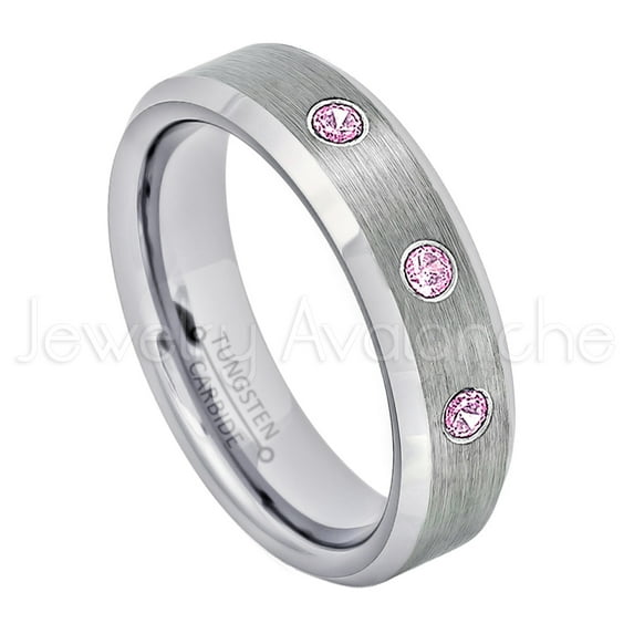 6mm Ladies Beveled Tungsten Ring - 0.21ctw Pink Tourmaline 3-stone Band - Personalized Tungsten Wedding Ring - Custom Made October Birthstone Ring TN038BS
