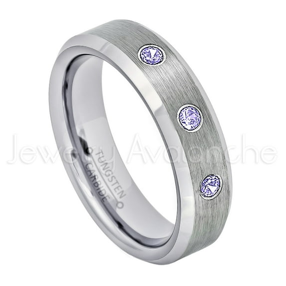 6mm Ladies Beveled Tungsten Ring - 0.21ctw Tanzanite 3-stone Band - Personalized Tungsten Wedding Ring - Custom Made December Birthstone Ring TN038BS