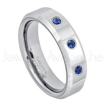 6mm Ladies Polished Beveled Tungsten Ring - 0.21ctw Blue Sapphire 3-stone Band - Personalized Tungsten Wedding Ring - Custom Made September Birthstone Ring TN048BS