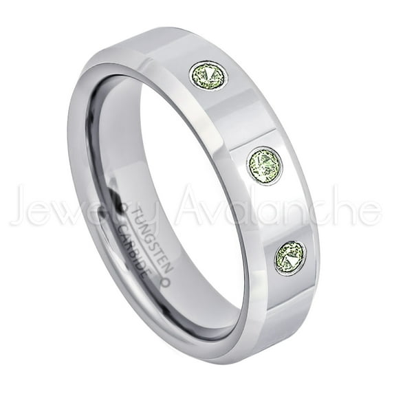 6mm Ladies Polished Beveled Tungsten Ring - 0.21ctw Peridot 3-stone Band - Personalized Tungsten Wedding Ring - Custom Made August Birthstone Ring TN048BS