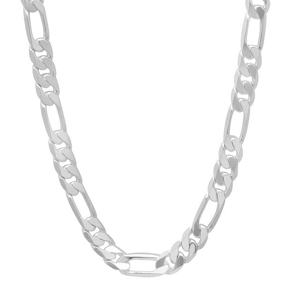6mm Large Polished Silver Plated Flat Figaro Chain Necklace, 40 inches + Gift Box