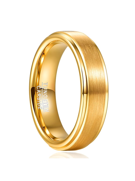 6mm Men's Gold Plated Tungsten Rings Wedding Band Brushed Finish Step Edges Size 6-12