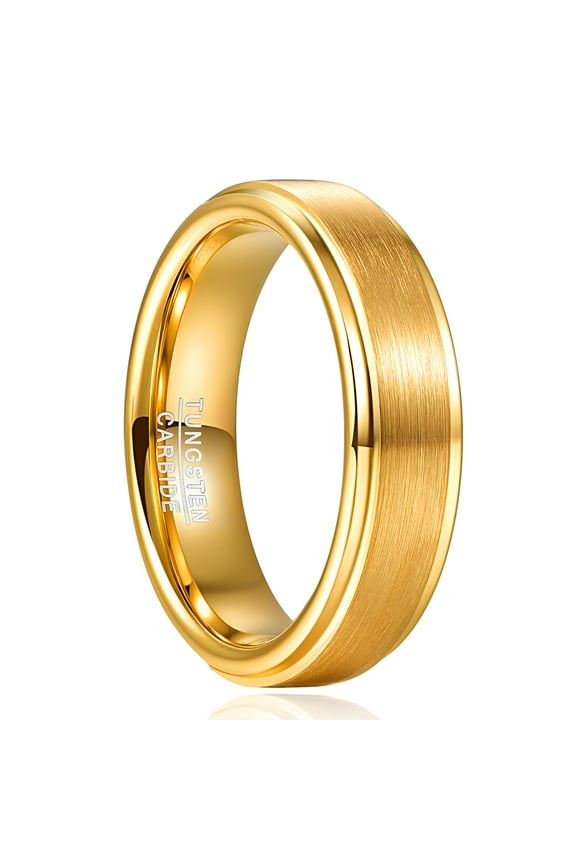 6mm Men's Gold Plated Tungsten Rings Wedding Band Brushed Finish Step Edges Size 6-12