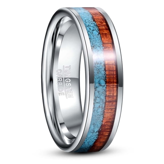 6mm Men's Tungsten Rings Wood and Turquoise Inlay Wedding Band Flat Edges