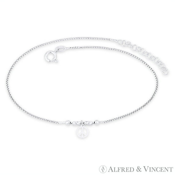 6mm Peace Sign & 1mm Faceted Box Link Chain Italian Charm Anklet in .925 Sterling Silver