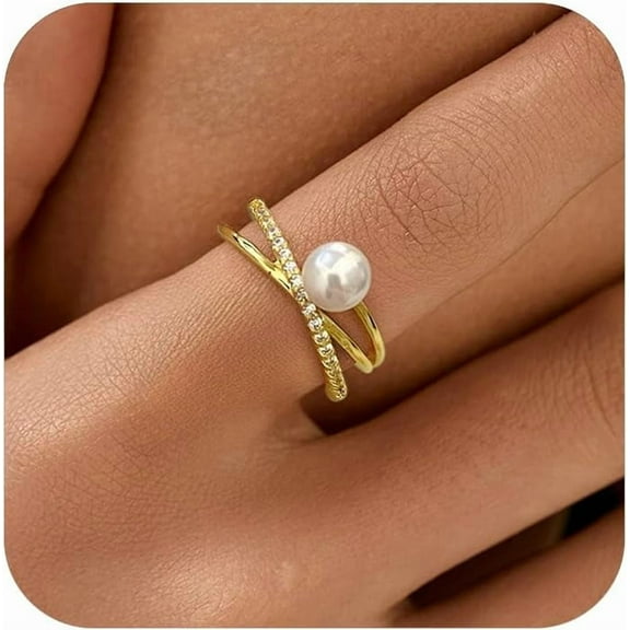 6mm Pearl Ring for Women Dainty X Criss Cross Gold Pearl Ring Stackable 925 Sterling Silver Cubic Zirconia Open Ring Promise Rings Birthday Christmas Wedding Jewelry Gifts for Her Mom