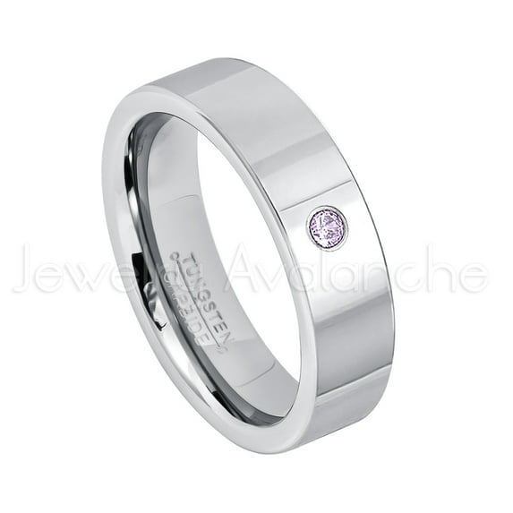 6mm Pipe Cut Tungsten Ring - 0.07ct Solitaire Amethyst Ring - Personalized Tungsten Wedding Ring - Custom Made February Birthstone Ring TN020BS