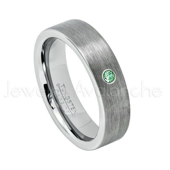 6mm Pipe Cut Tungsten Ring - 0.07ct Solitaire Emerald Ring - Personalized Tungsten Wedding Ring - Custom Made May Birthstone Ring TN019BS