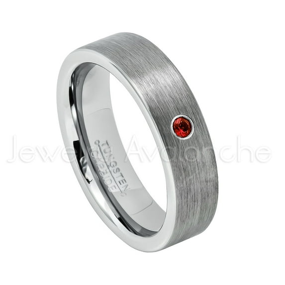 6mm Pipe Cut Tungsten Ring - 0.07ct Solitaire Garnet Ring - Personalized Tungsten Wedding Ring - Custom Made January Birthstone Ring TN019BS