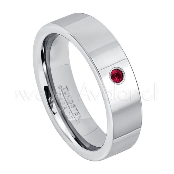 6mm Pipe Cut Tungsten Ring - 0.07ct Solitaire Ruby Ring - Personalized Tungsten Wedding Ring - Custom Made July Birthstone Ring TN020BS