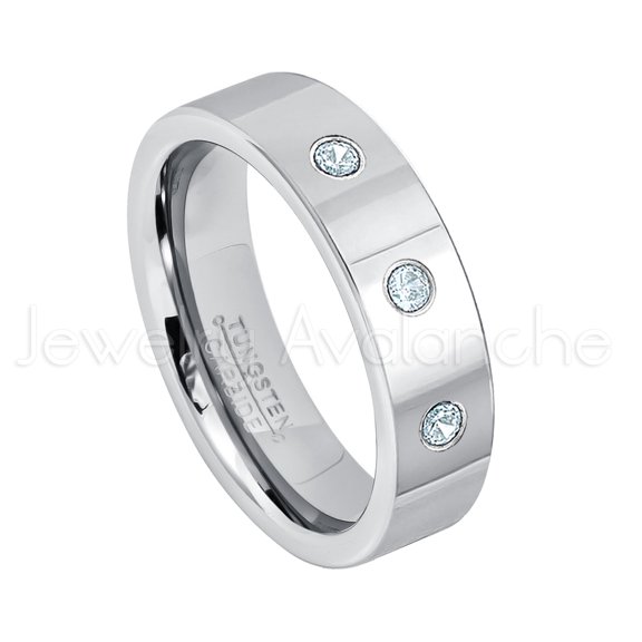 6mm Pipe Cut Tungsten Ring - 0.21ctw Aquamarine 3-stone Band - Personalized Tungsten Wedding Ring - Custom Made March Birthstone Ring TN020BS