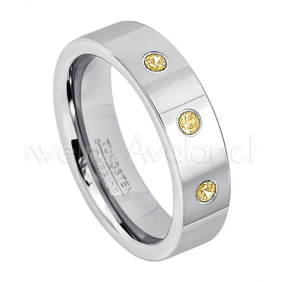 6mm Pipe Cut Tungsten Ring - 0.21ctw Citrine 3-stone Band - Personalized Tungsten Wedding Ring - Custom Made November Birthstone Ring TN020BS