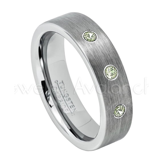 6mm Pipe Cut Tungsten Ring - 0.21ctw Peridot 3-stone Band - Personalized Tungsten Wedding Ring - Custom Made August Birthstone Ring TN019BS