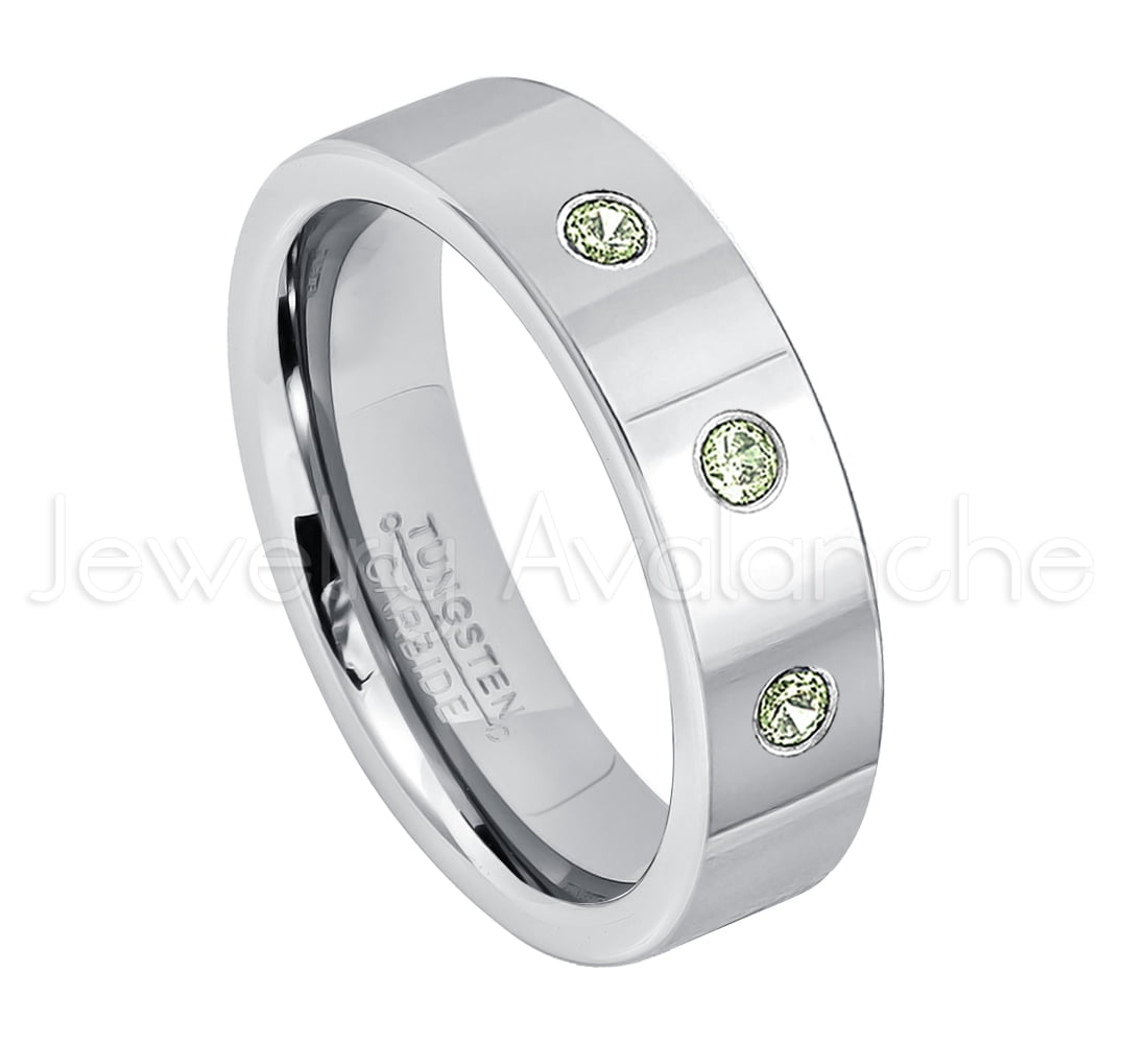 6mm Pipe Cut Tungsten Ring 0.21ctw Peridot 3stone Band