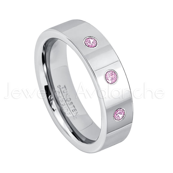 6mm Pipe Cut Tungsten Ring - 0.21ctw Pink Tourmaline 3-stone Band - Personalized Tungsten Wedding Ring - Custom Made October Birthstone Ring TN020BS