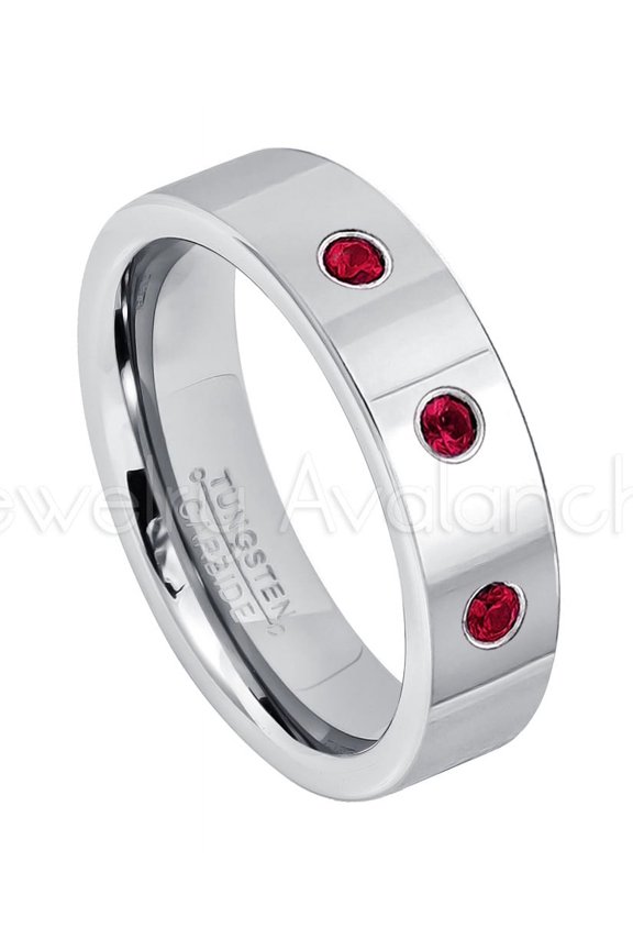 6mm Pipe Cut Tungsten Ring - 0.21ctw Ruby 3-stone Band - Personalized Tungsten Wedding Ring - Custom Made July Birthstone Ring TN020BS