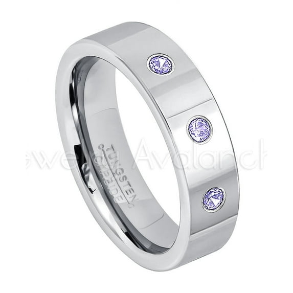 6mm Pipe Cut Tungsten Ring - 0.21ctw Tanzanite 3-stone Band - Personalized Tungsten Wedding Ring - Custom Made December Birthstone Ring TN020BS