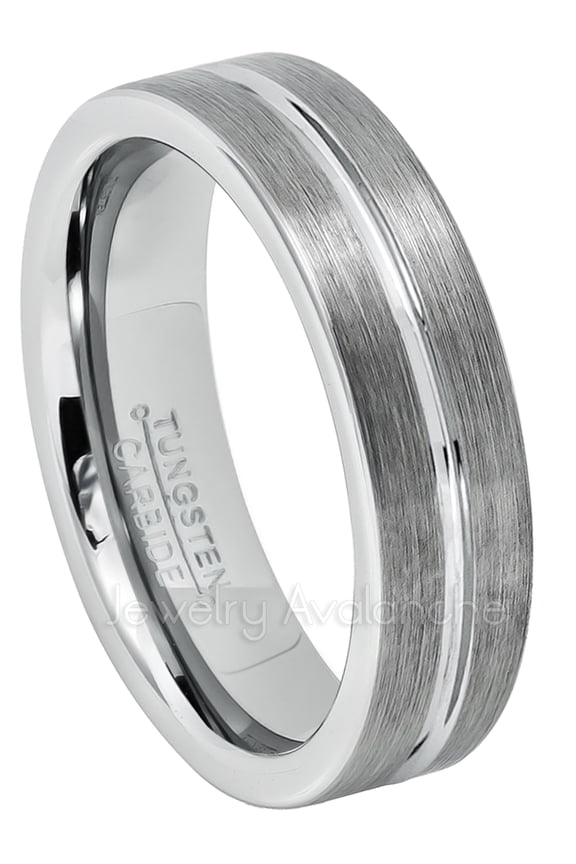 6mm Pipe Cut Tungsten Wedding Band - Brushed Finish Grooved Center Comfort Fit Tungsten Carbide Ring - Tungsten Anniversary Ring - TN047s9