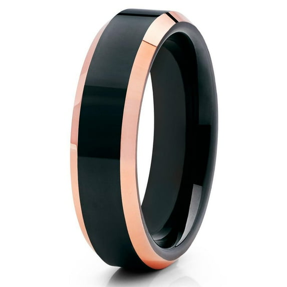 6mm Polished Black Tungsten Carbide Ring Beveled Rose Gold Edge Unisex Band 10