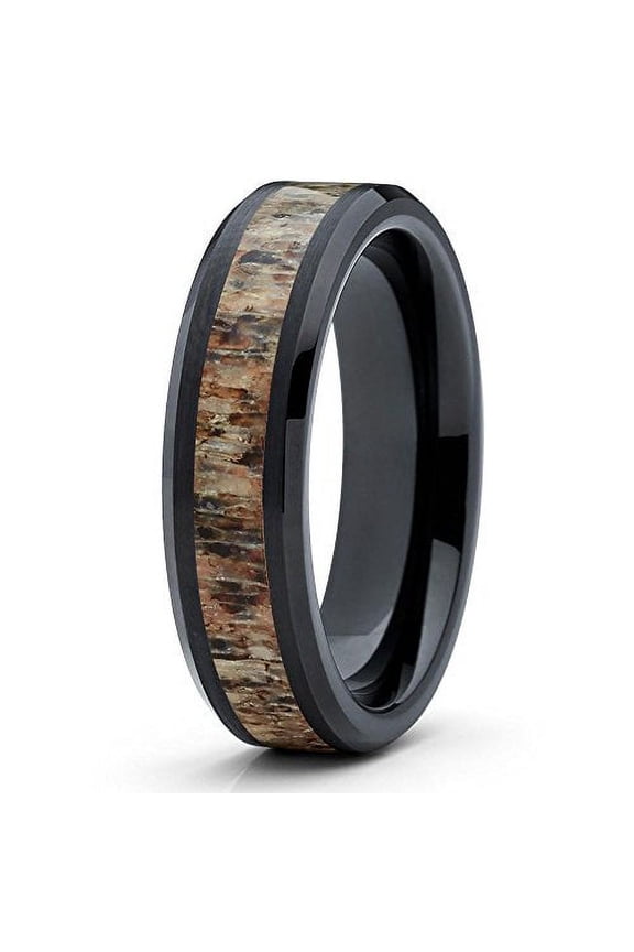6mm Polished Black Tungsten Carbide Wedding Band Deer Antler Insert Beveled Edges Comfort Fit Mens Womens Ring 18