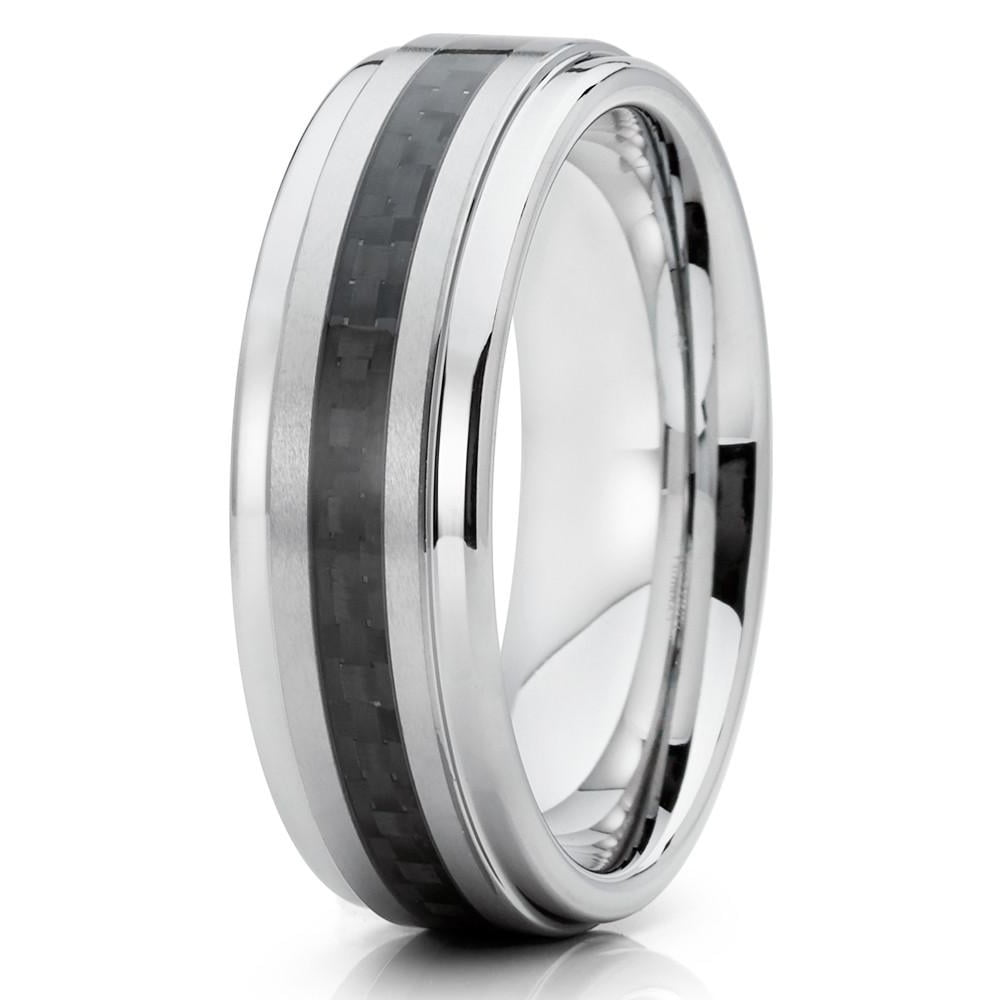 6mm Polished Silver Tungsten Carbide Wedding Band Stepped Edges Black