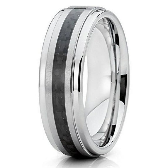 6mm Polished Silver Tungsten Carbide Wedding Band Stepped Edges Black Carbon Fiber Center Ring 11
