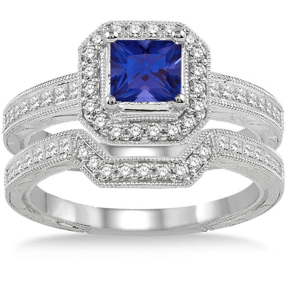 6mm Princess Cut 2.5 Carat Blue Sapphire And Moissanite Diamond Antique Halo Bridal Set on 10k White Gold