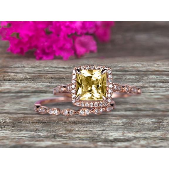 6mm Princess Cut 2.50 Carat Champagne Diamond Moissanite Engagement Ring Set On 10k Rose Gold Diamond Matching Band Promise Ring Milgrain Anniversary Gift Bridal Ring