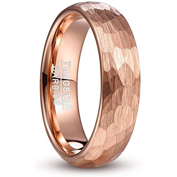 6mm Rose Gold Hammered Tungsten Rings for Men Women Multifaceted Wedding Band Brushed Finish